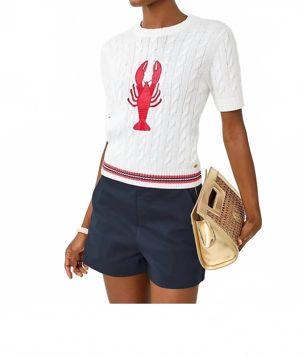 NEW LILLY PULITZER miko short sleeve sweater in resort white lobster embroidery